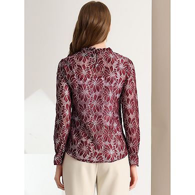 Women's Crochet Lace See Through Floral Ruffle Neck Blouse