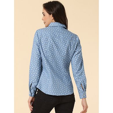 Women's Point Collar Long Sleeve Button Down Chest Pockets Denim Shirt