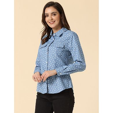 Women's Point Collar Long Sleeve Button Down Chest Pockets Denim Shirt