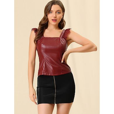 Women's Lace Trim Party Faux Leather Pu Sleeveless Tank Tops