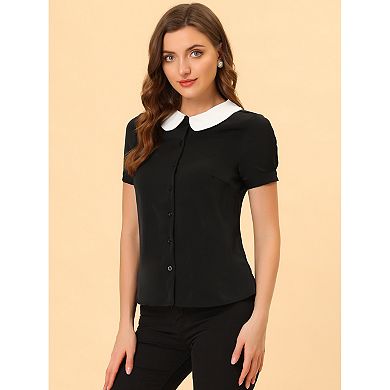 Women's Work Office Contrast Peter Pan Collar Short Sleeve Blouse Shirt