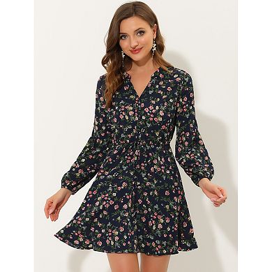 Women's V Neck Floral Print Elastic Waist Button Down A-line Mini Dress