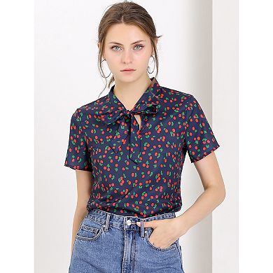 Women's Short Sleeve Tie Bow Neck Printed Blouse