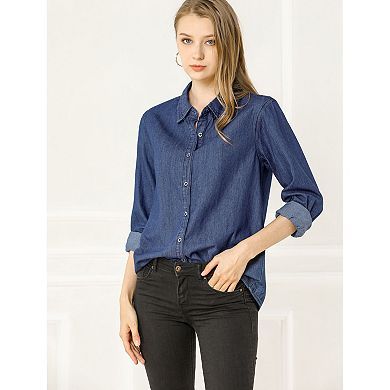 Women's Solid Shirts Long Sleeve Button Down Denim Shirt