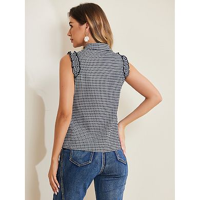 Women's Bow Tie Neck Ruffle Trim Sleeveless Gingham Office Shirt Blouse