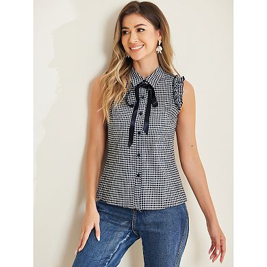 Women's Bow Tie Neck Ruffle Trim Sleeveless Gingham Office Shirt Blouse