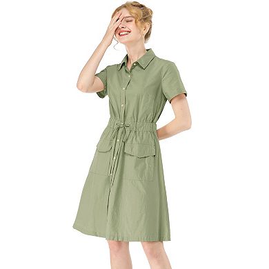 Women's Fit And Flare Collar Pocket Elastic Waist Mini Dress