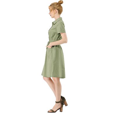 Women's Fit And Flare Collar Pocket Elastic Waist Mini Dress