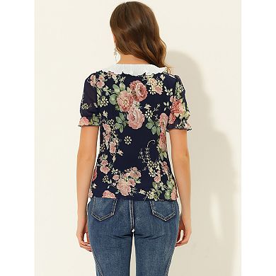 Women's Ruffle Round Neck Floral  Embroidered Button-Down Shirt Top