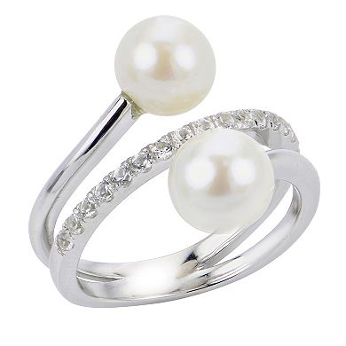 PearLustre by Imperial Sterling Silver Double Freshwater Cultured Pearl & Lab-Created White Sapphire Ring