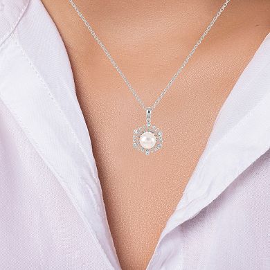 PearLustre by Imperial Sterling Silver Freshwater Cultured Pearl & Lab-Created White Sapphire Star Burst Pendant Necklace