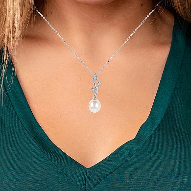 PearLustre by Imperial Sterling Silver Freshwater Cultured Pearl & Lab-Created White Sapphire Vintage Leaf Pendant Necklace