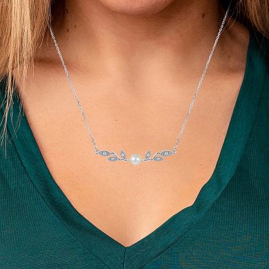 PearLustre by Imperial Sterling Silver Freshwater Cultured Pearl & Lab-Created White Sapphire Vintage Leaf Necklace