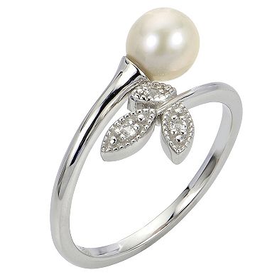 PearLustre by Imperial Sterling Silver Freshwater Cultured Pearl & Lab-Created White Sapphire Vintage Leaf Ring