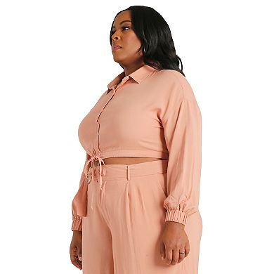 Plus Size Solid Rayon Challis Cropped Button Down Tie Front Shirt