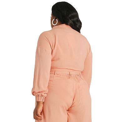 Plus Size Solid Rayon Challis Cropped Button Down Tie Front Shirt