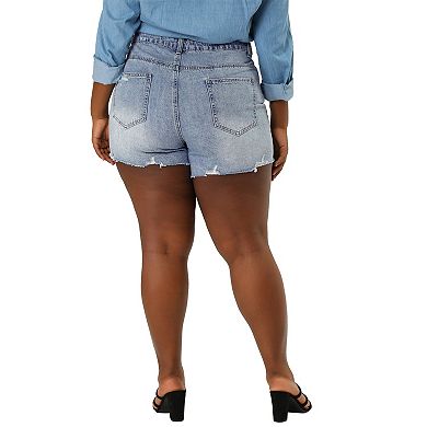 Women's Plus Size Raw Hem Slash Pocket Distressed Denim Shorts