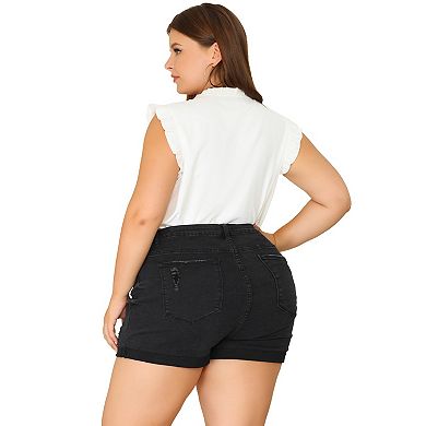 Women's Plus Size Button Zip Pocket Ripped Slim Denim Shorts