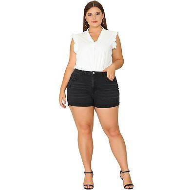 Women's Plus Size Button Zip Pocket Ripped Slim Denim Shorts
