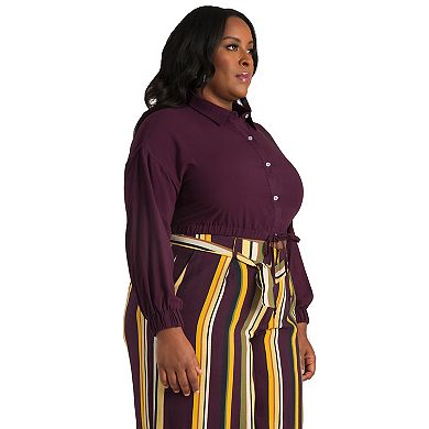 Plus Size Solid Rayon Challis Cropped Button Down Tie Front Shirt