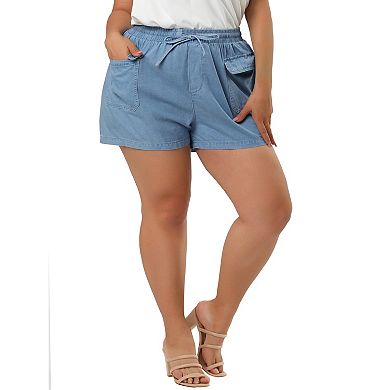 Women's Plus Size Drawstring Elastic Waist Pockets Jean Shorts