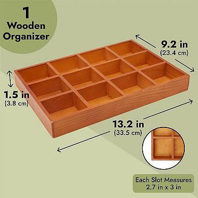 Wooden Drawer Organizer With 12 Compartments, Sorting Tray For Crafts, 13x9x1.5"