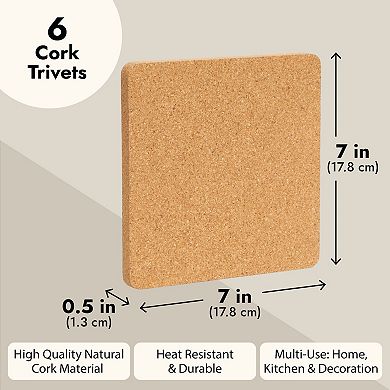 6 Pack Square Cork Trivet, Hot Pads, Corkboard Placemats for Kitchen, Hot Pots, Pans, and Kettles (7 x 7 Inches)