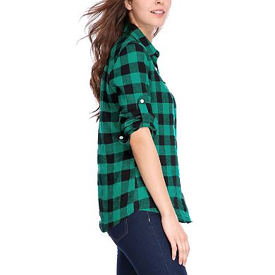 Women's Plaids Long Sleeves Cuffs Boyfriend Button Down Shirt