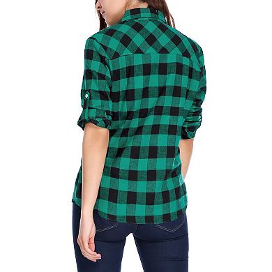 Women's Plaids Long Sleeves Cuffs Boyfriend Button Down Shirt