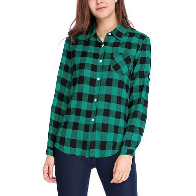 Women's Plaids Long Sleeves Cuffs Boyfriend Button Down Shirt