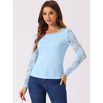 Women's  Round Neck Long Sleeves Sheer Flower Embroidery Lace Blouse