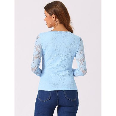 Women's  Round Neck Long Sleeves Sheer Flower Embroidery Lace Blouse