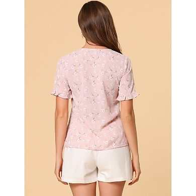 Women's Button Shirt V Neck Full Placket Short Sleeve Floral Tops