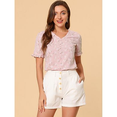 Women's Button Shirt V Neck Full Placket Short Sleeve Floral Tops