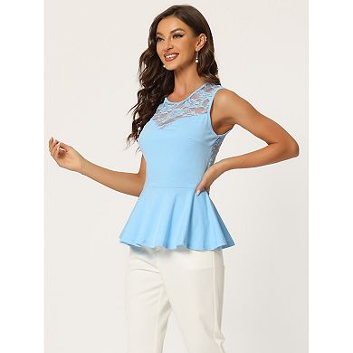 Women's Lace-paneled Semi Sheer Crew Neck Sleeveless Peplum Blouse