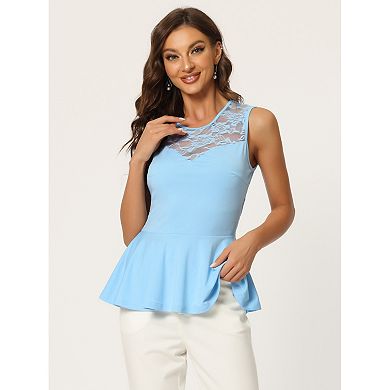 Women's Lace-paneled Semi Sheer Crew Neck Sleeveless Peplum Blouse