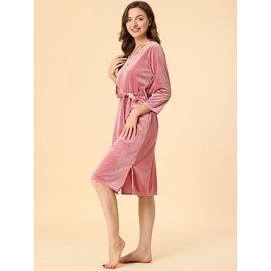 Women's Pajama V Neck with Belt Tie Long Sleeve Nightgown Soft  Lounge Midi Sleep Dress