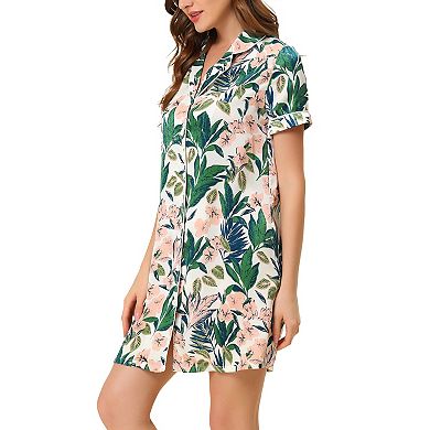 Women's Floral Lounge Nightdres Pajama Button Down Soft Satin Shirt Dress