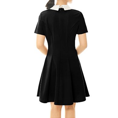 Women's Peter Pan Contrast Collar Short Sleeves Flare Dress