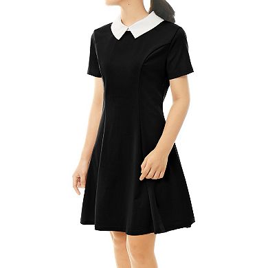 Women's Peter Pan Contrast Collar Short Sleeves Flare Dress