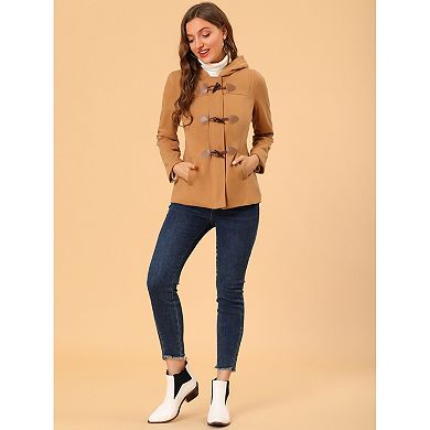 Women's Toggle Duffle Coat Zipper Front Solid Cropped Hooded Coat