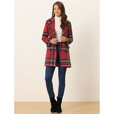 Women's Notched Lapel Long Sleeves Double Breasted Plaids Overcoat