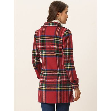 Women's Notched Lapel Long Sleeves Double Breasted Plaids Overcoat