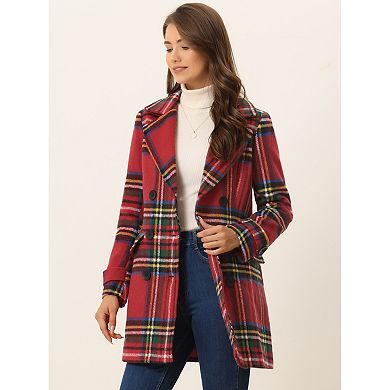 Women's Notched Lapel Long Sleeves Double Breasted Plaids Overcoat