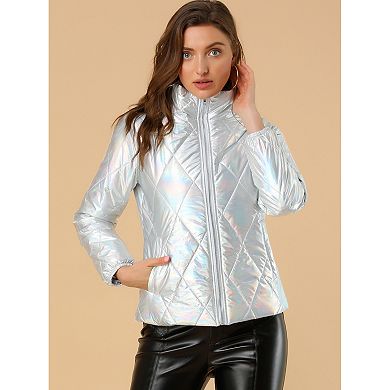 Women's Holographic Zipper Quilting Metallic Short Puffer Coat Jacket