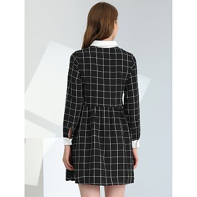Women's Casual Loose Fit Grid Plaid Long Sleeve Contrast Color Collared Shift Dress