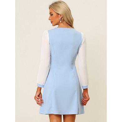 Women's V Neck Button Decor Contract Panel Mid-length Dress