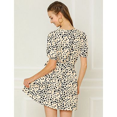 Women's Leopard Tie Waist Short Sleeves V Neck a-Line Dress