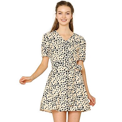 Women's Leopard Tie Waist Short Sleeves V Neck a-Line Dress