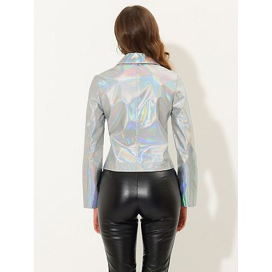 Women's Holographic Shiny Zipper Biker Metallic Jackets